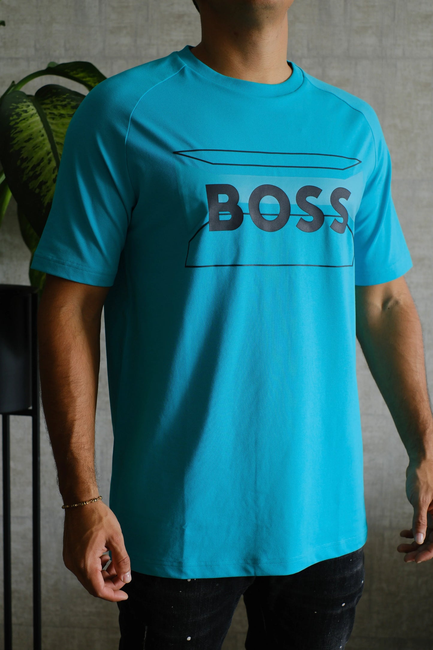 Camiseta azul para hombre con estampado BOSS, manga corta, fondo interior