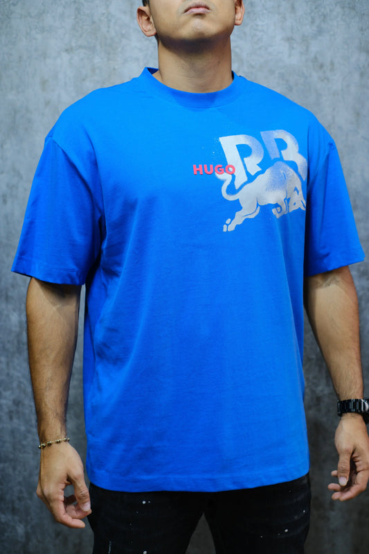 Camiseta azul para hombre con estampado grande de toro y letras PR en el pecho